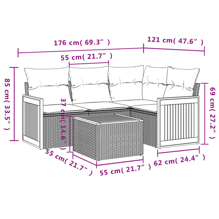 sofasæt 5 dele med hynder polyrattan grå