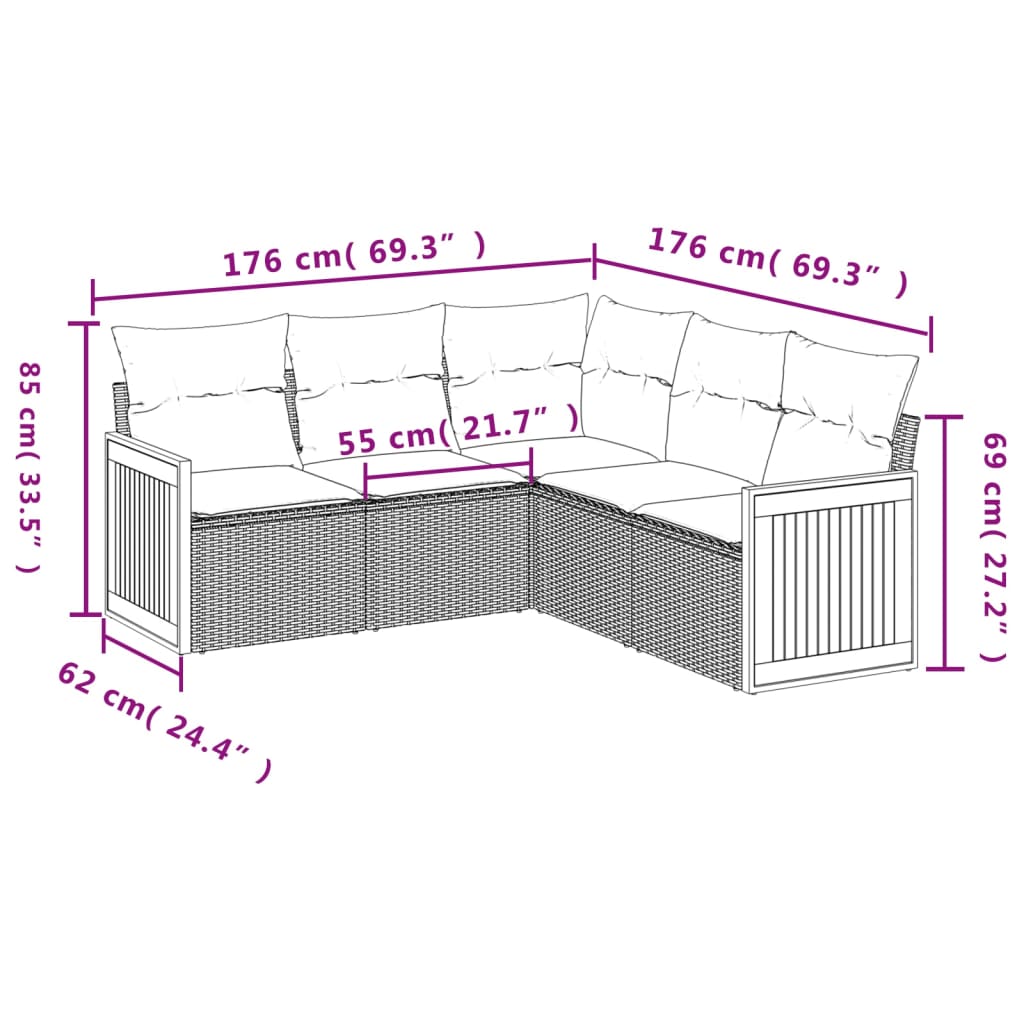 sofasæt 5 dele med hynder polyrattan grå