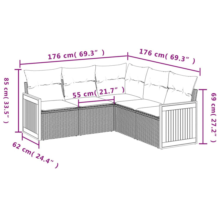 sofasæt 5 dele med hynder polyrattan grå