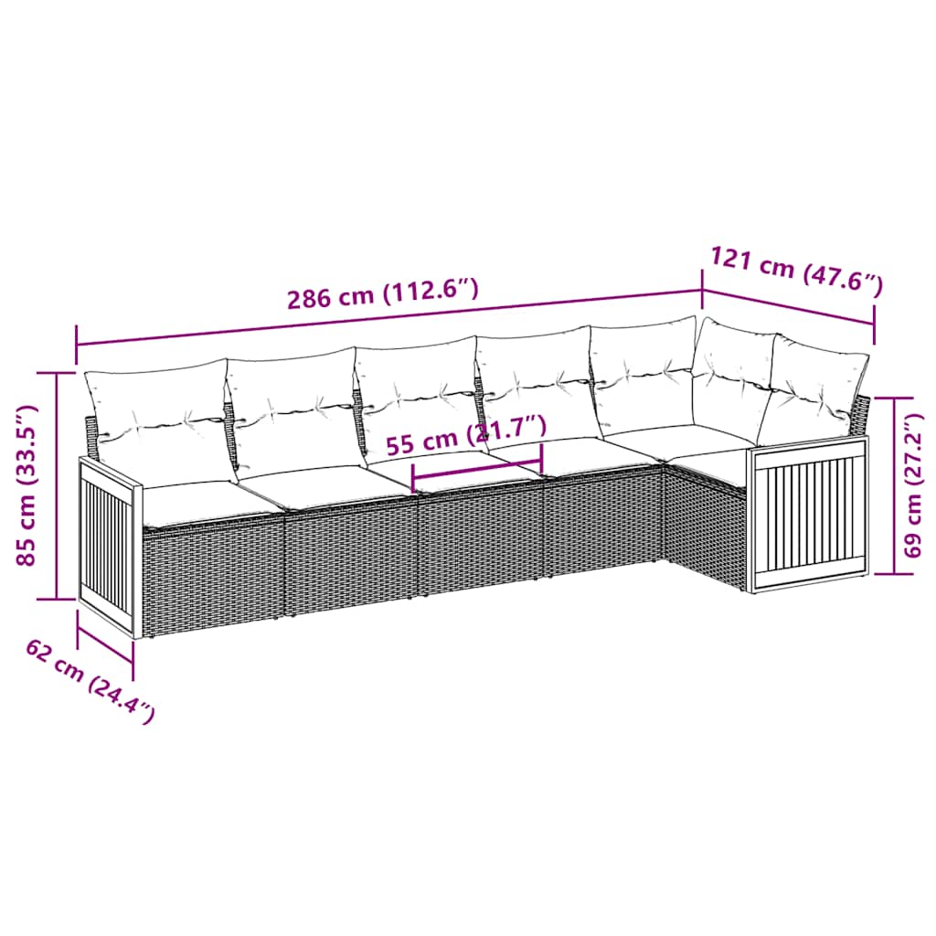 sofasæt til haven 6 dele med hynder polyrattan sort