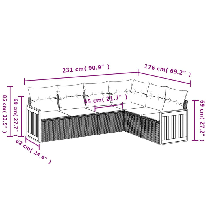 sofasæt til haven 6 dele med hynder polyrattan grå