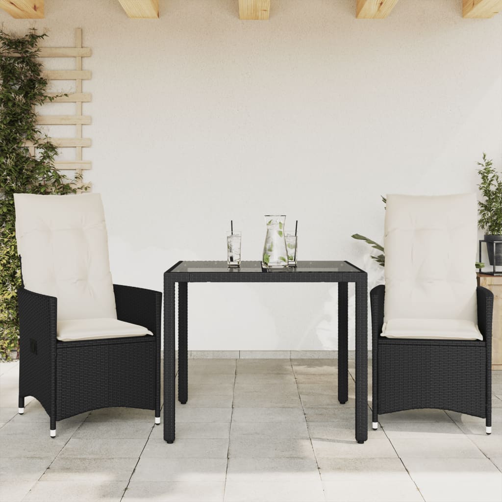 bistrosæt til haven 3 dele med hynder polyrattan sort