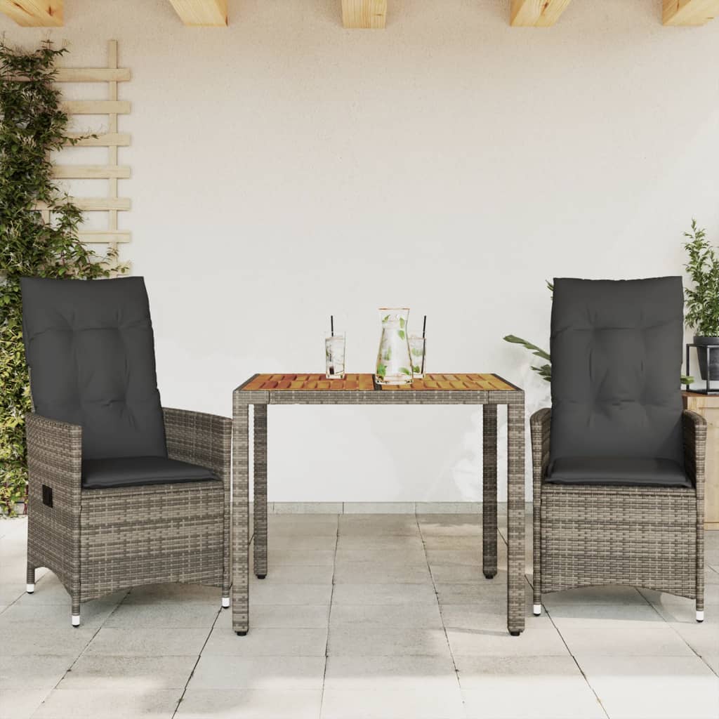 bistrosæt til haven 3 dele med hynder polyrattan grå