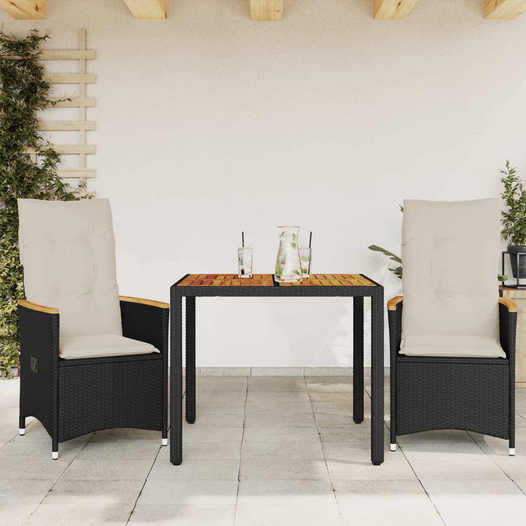 bistrosæt til haven 3 dele med hynder polyrattan sort