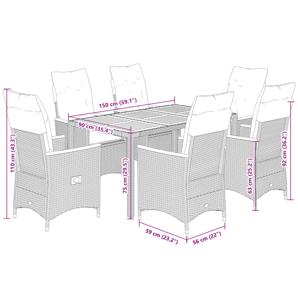 spisebordssæt til haven 7 dele med hynder polyrattan sort