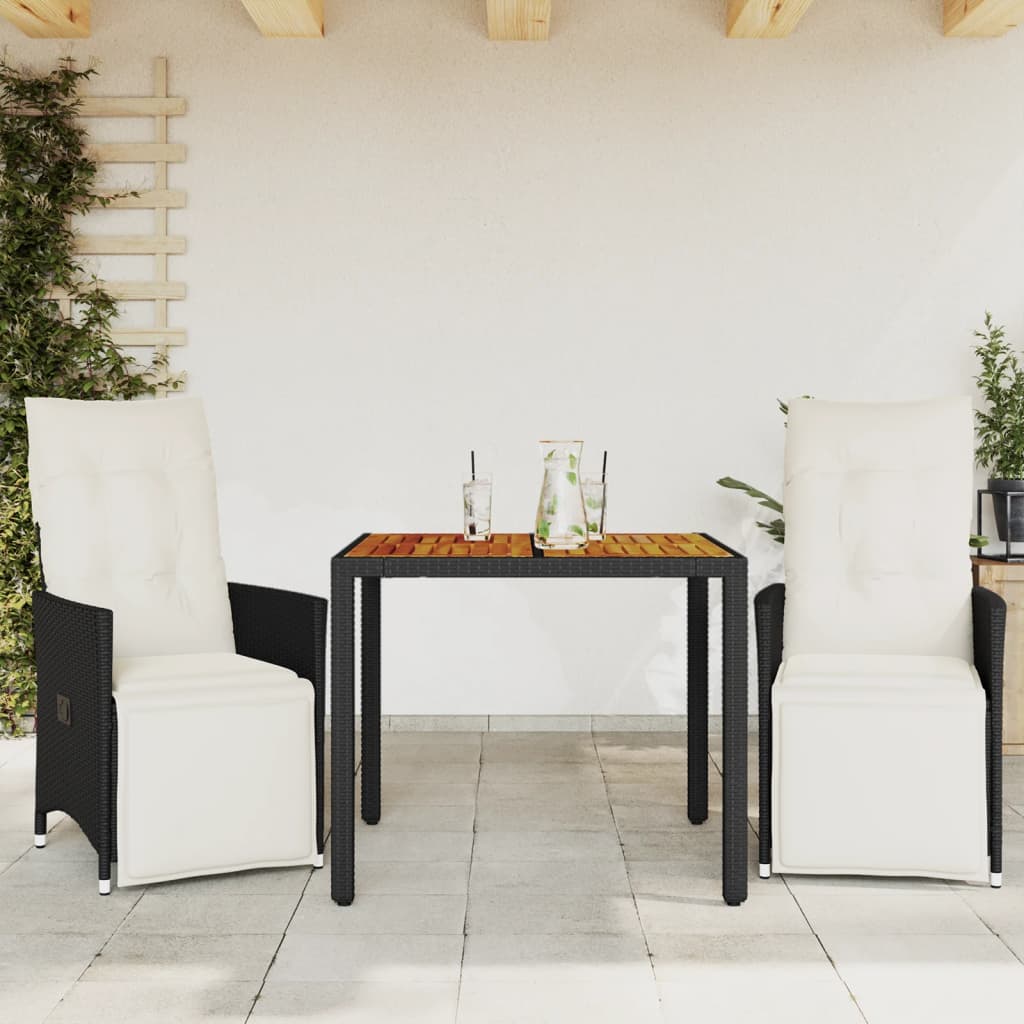 bistrosæt til haven 3 dele med hynder polyrattan sort
