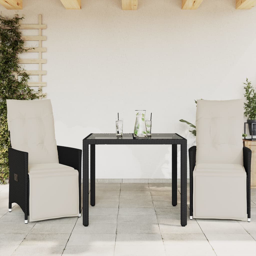 bistrosæt til haven 3 dele med hynder polyrattan sort
