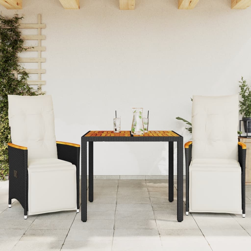 bistrosæt til haven 3 dele med hynder polyrattan sort
