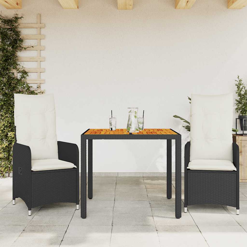 bistrosæt til haven 3 dele med hynder polyrattan sort