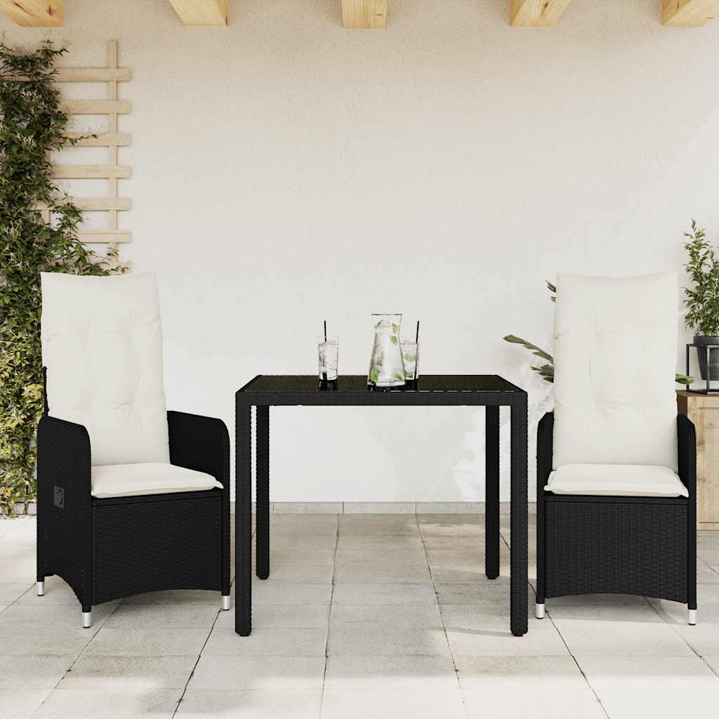 bistrosæt til haven 3 dele med hynder polyrattan sort