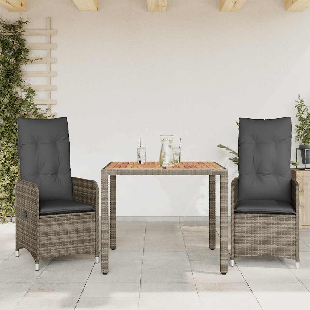 bistrosæt til haven 3 dele med hynder polyrattan grå