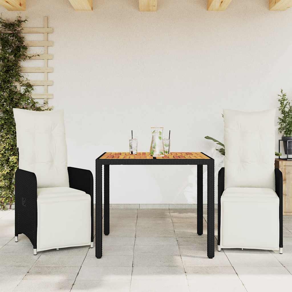 bistrosæt til haven 3 dele med hynder polyrattan sort