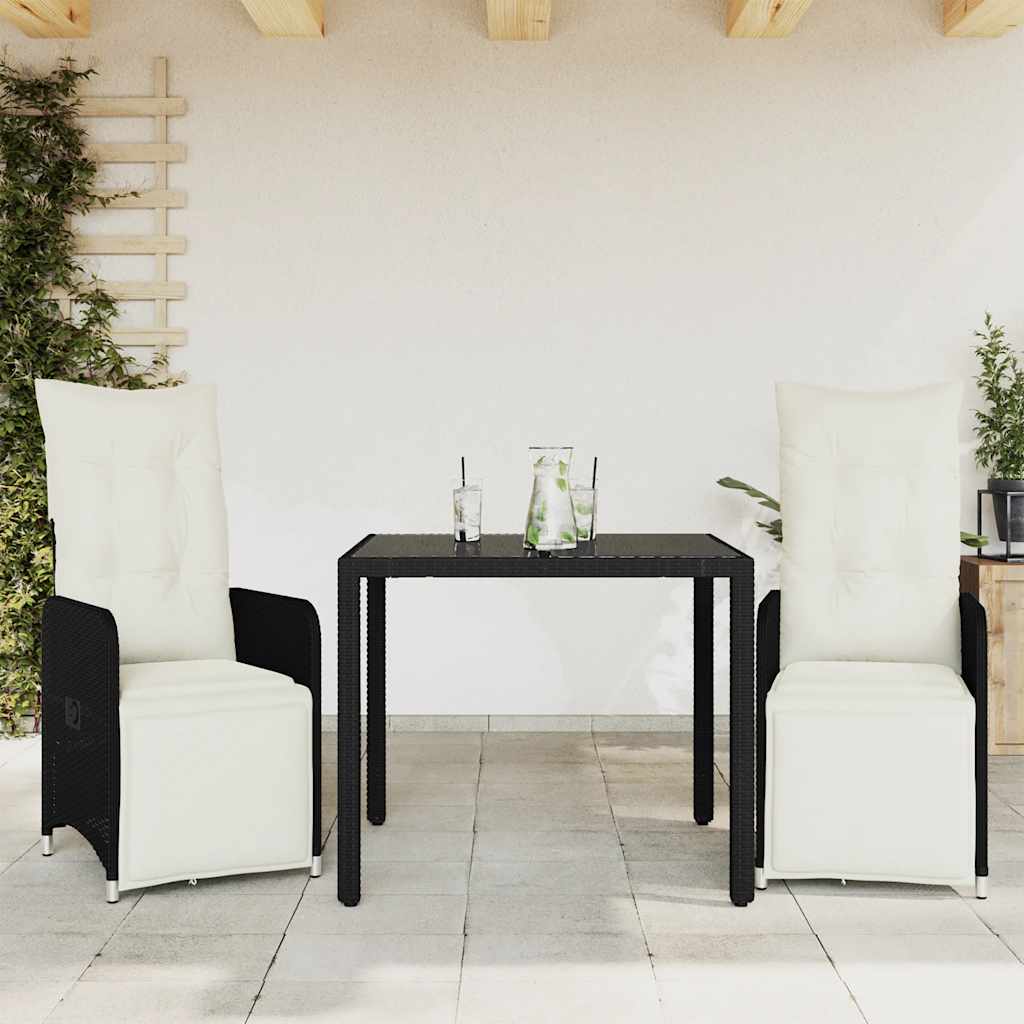 bistrosæt til haven 3 dele med hynder polyrattan sort