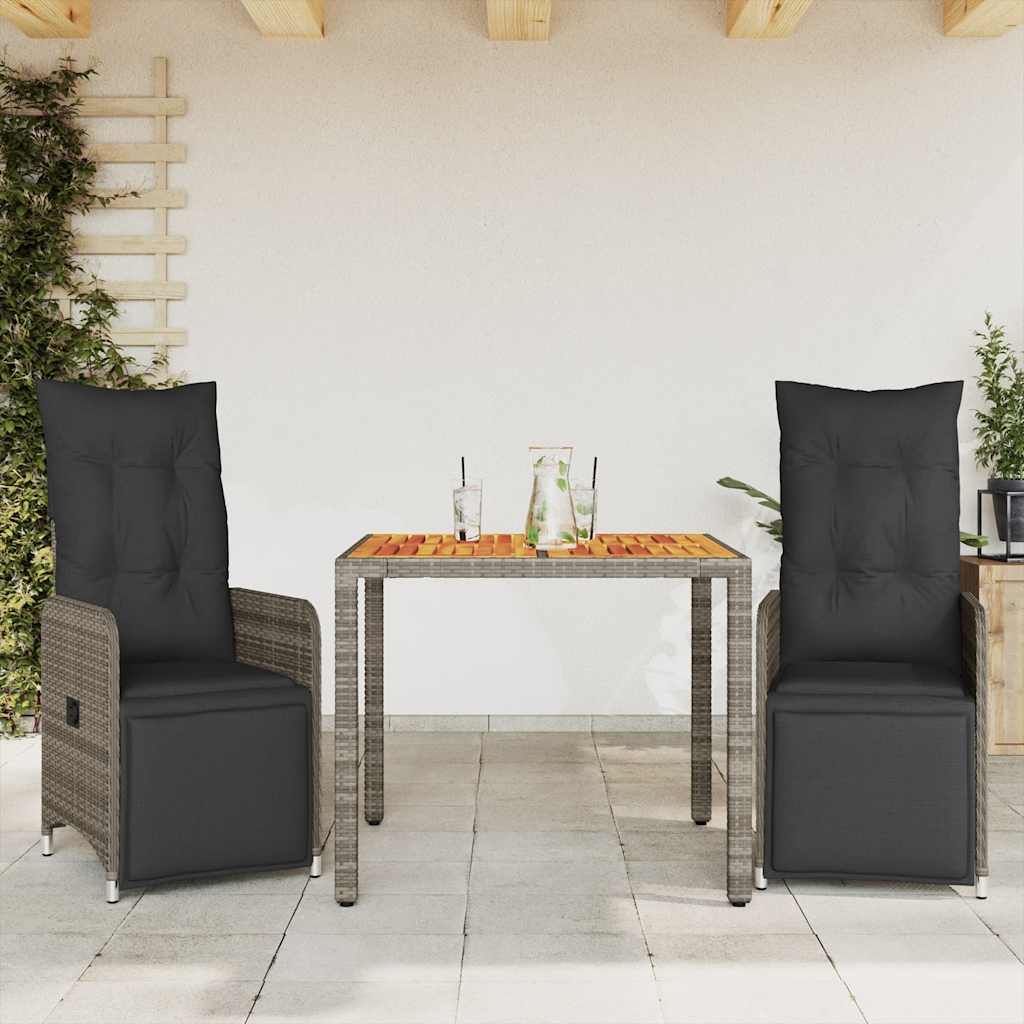 bistrosæt til haven 3 dele med hynder polyrattan grå