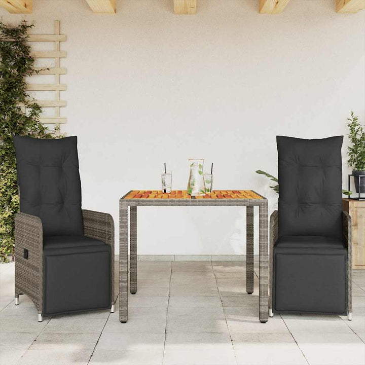 bistrosæt til haven 3 dele med hynder polyrattan grå