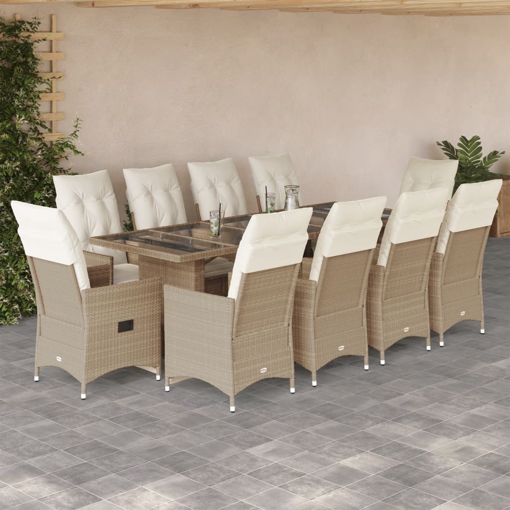 bistrosæt til haven 11 dele med hynder polyrattan beige