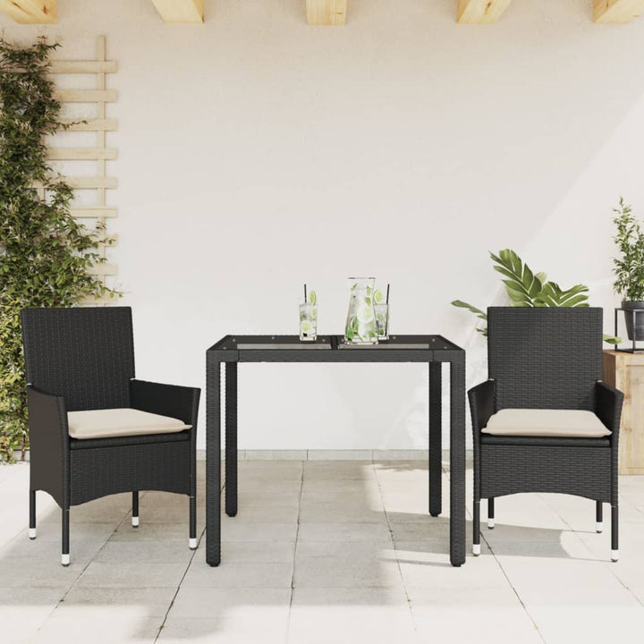 spisebordssæt til haven 3dele m. hynder polyrattan og glas sort