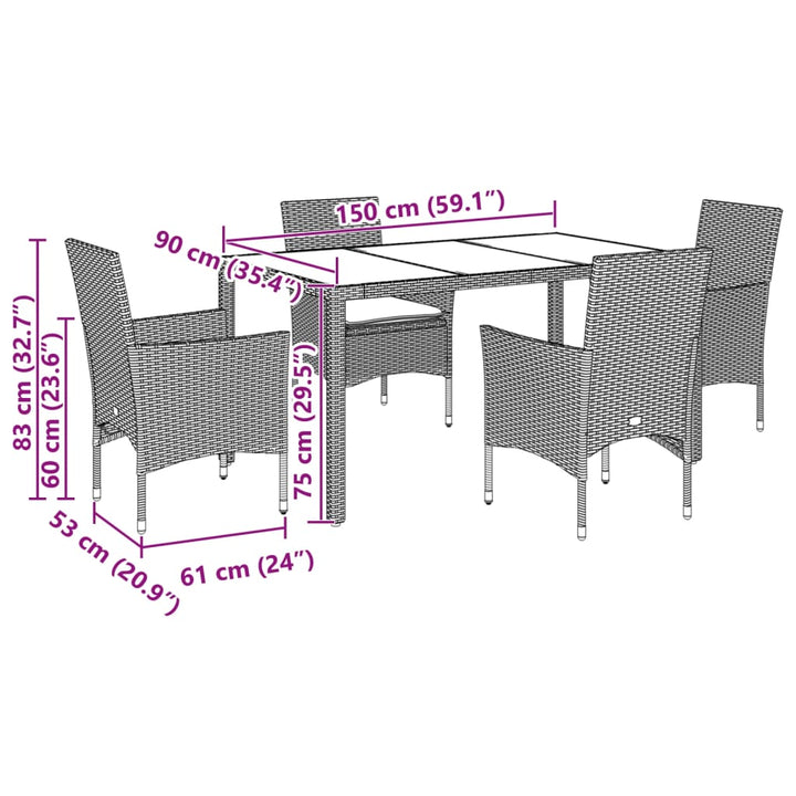 spisebordssæt til haven 5dele m. hynder polyrattan og glas sort