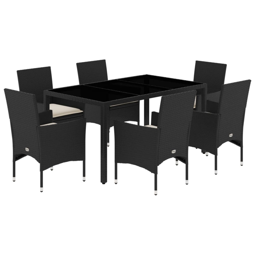 spisebordssæt til haven 7dele m. hynder polyrattan og glas sort