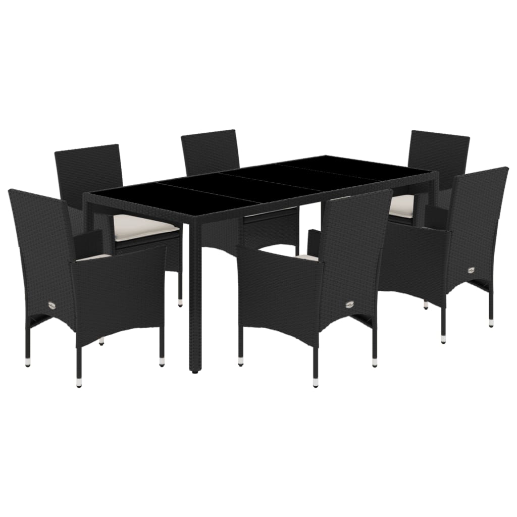 spisebordssæt til haven 7dele m. hynder polyrattan og glas sort