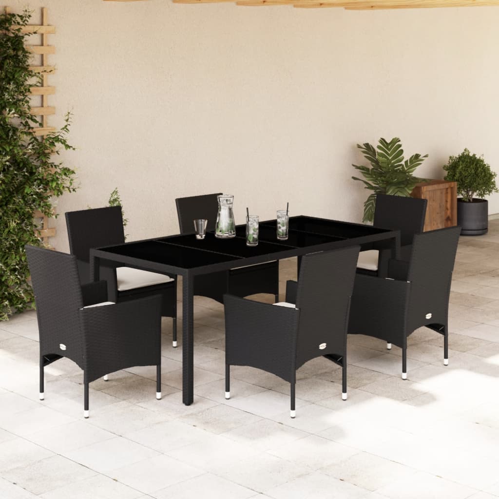 spisebordssæt til haven 7dele m. hynder polyrattan og glas sort