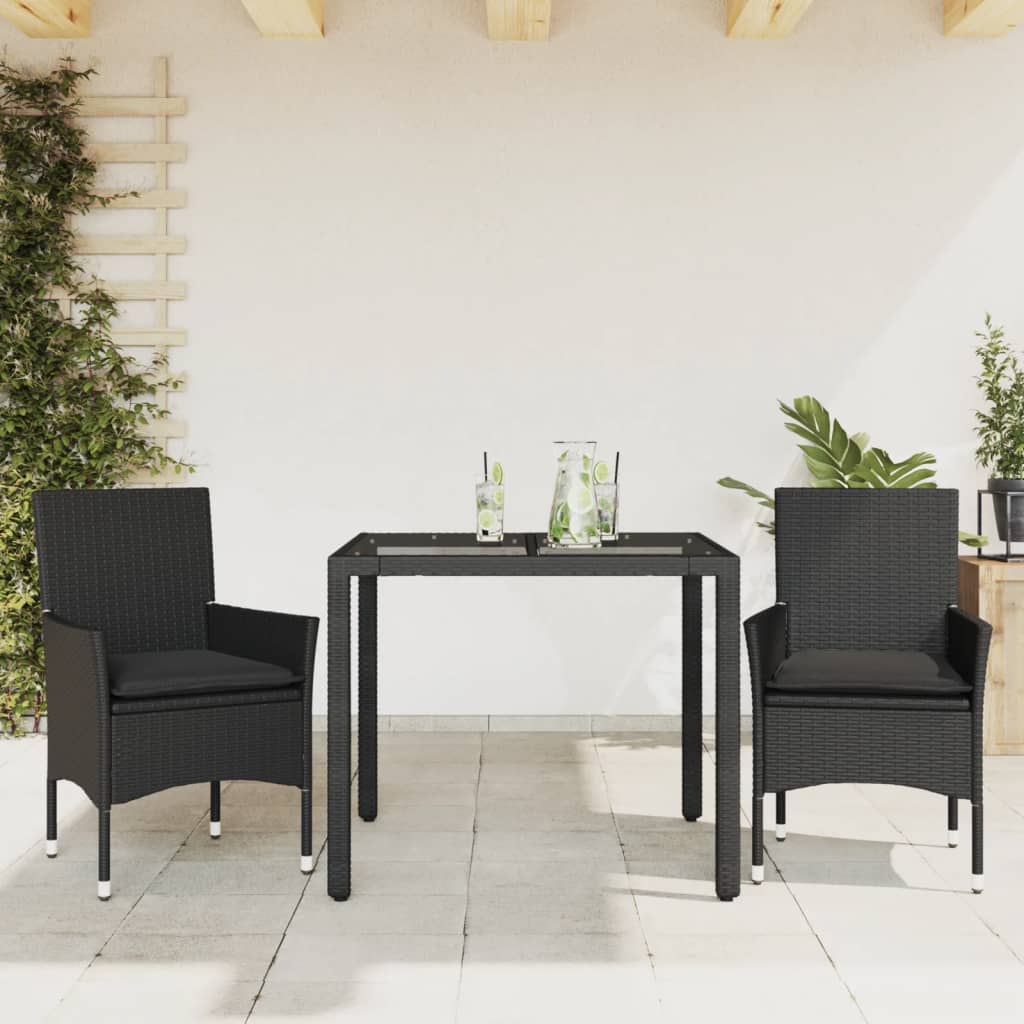 spisebordssæt til haven 3dele m. hynder polyrattan og glas sort