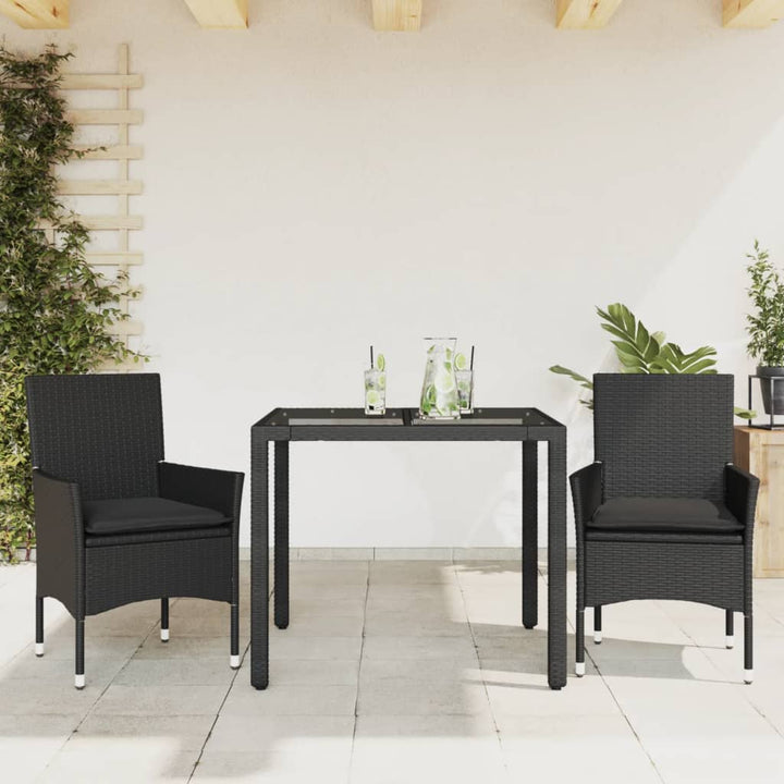 spisebordssæt til haven 3dele m. hynder polyrattan og glas sort