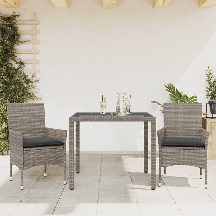 spisebordssæt til haven 3dele med hynder polyrattan og glas grå
