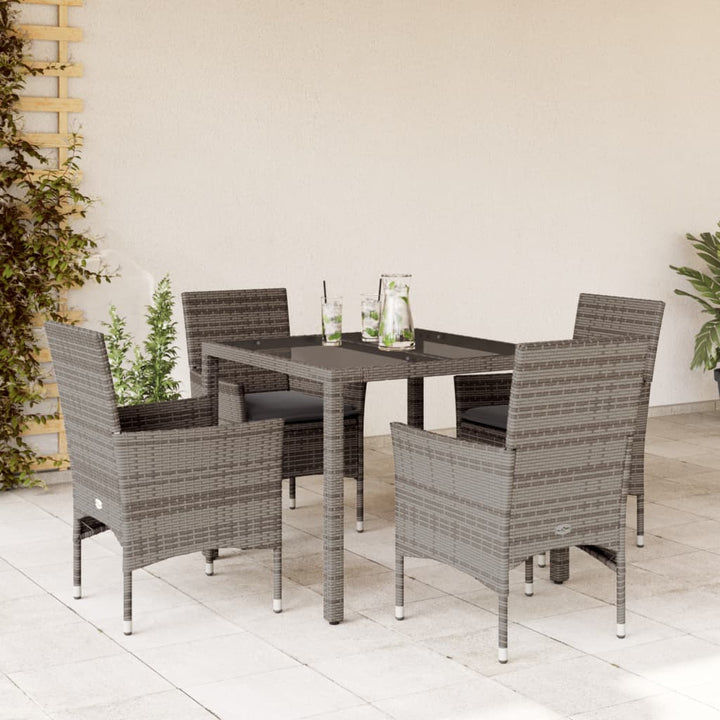 spisebordssæt til haven 5dele med hynder polyrattan og glas grå