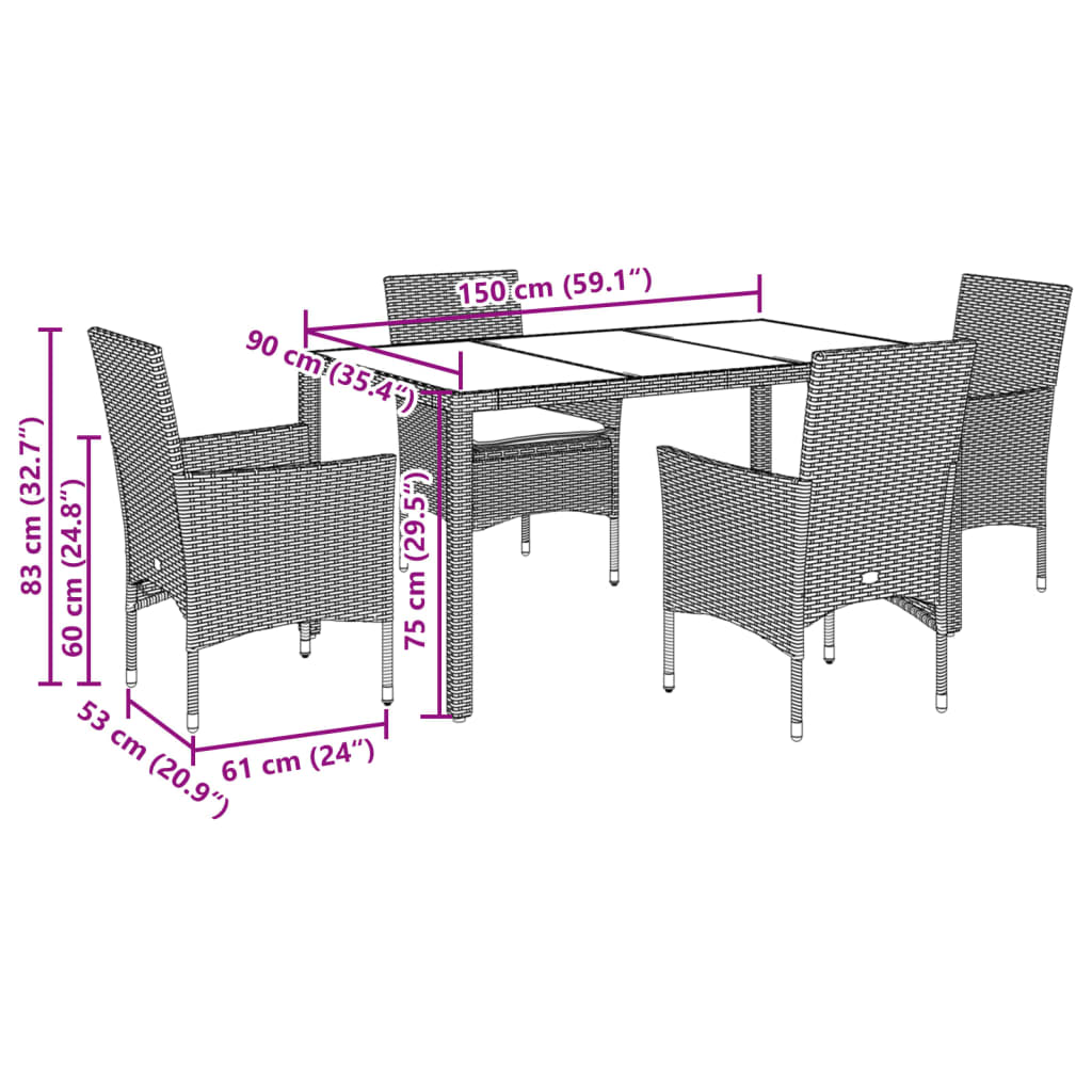 spisebordssæt til haven 5dele med hynder polyrattan og glas grå