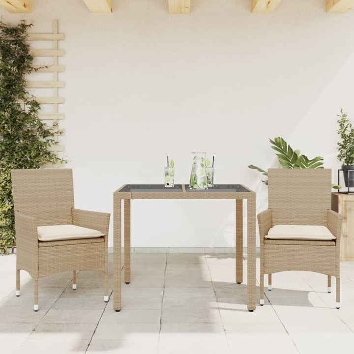spisebordssæt til haven 3 dele med hynder polyrattan og glas