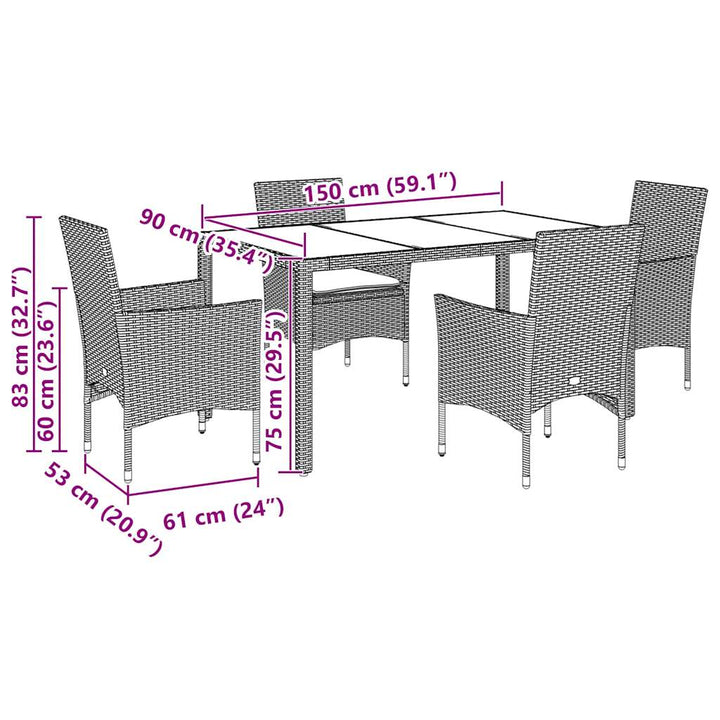 spisebordssæt til haven 5 dele med hynder polyrattan og glas