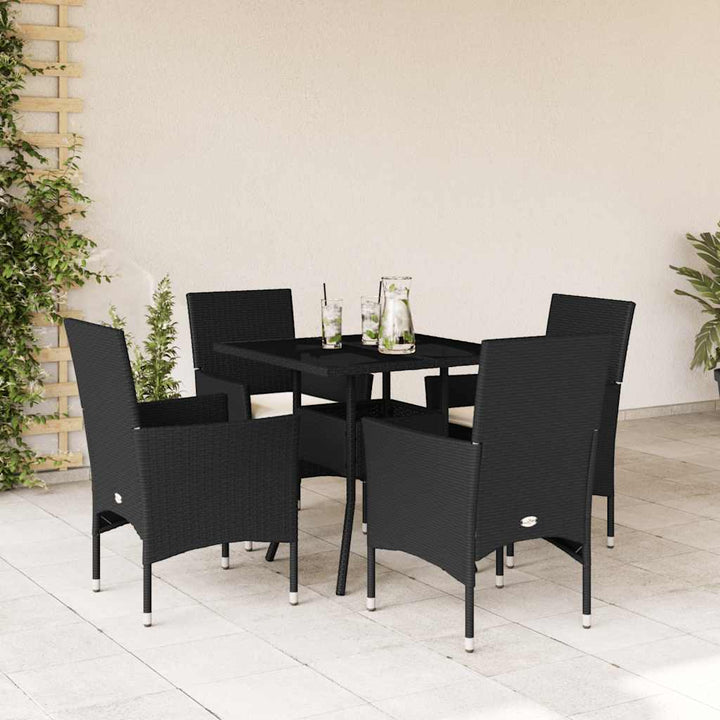 spisebordssæt til haven 5dele m. hynder polyrattan og glas sort