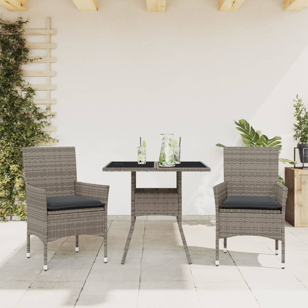 spisebordssæt til haven 3dele med hynder polyrattan og glas grå