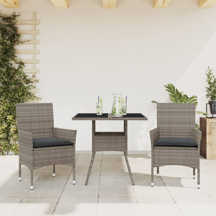 spisebordssæt til haven 3dele med hynder polyrattan og glas grå