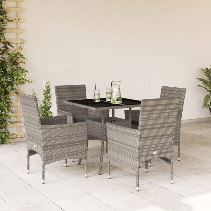 spisebordssæt til haven 5dele med hynder polyrattan og glas grå