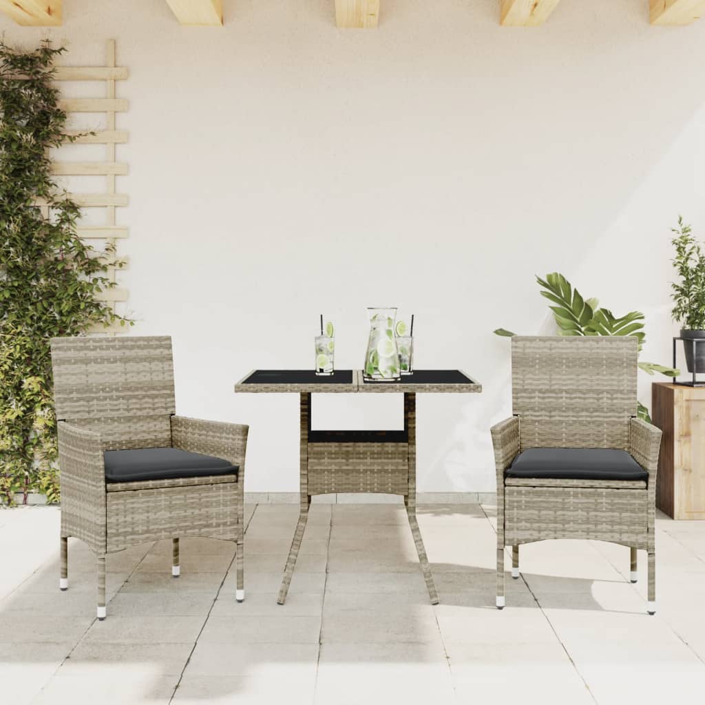 spisebordssæt til haven 3 dele med hynder polyrattan og glas