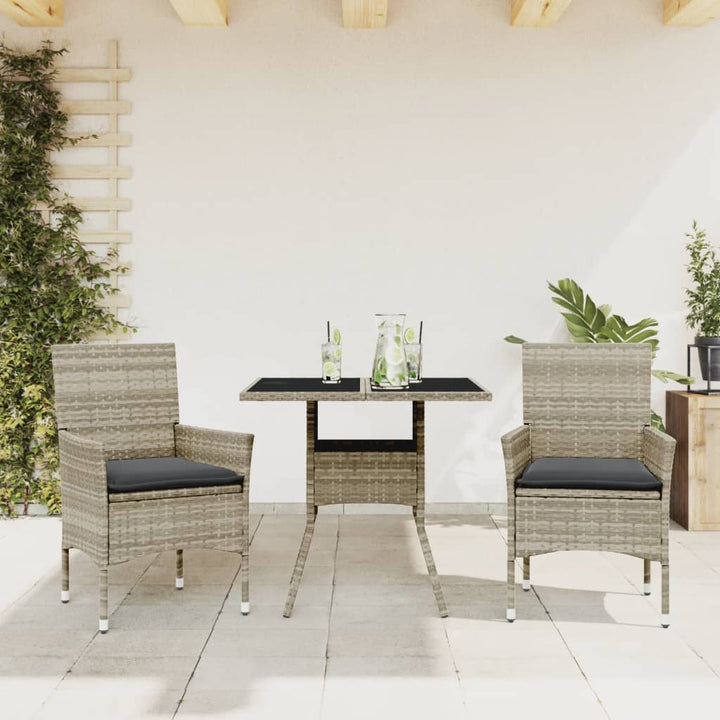 spisebordssæt til haven 3 dele med hynder polyrattan og glas