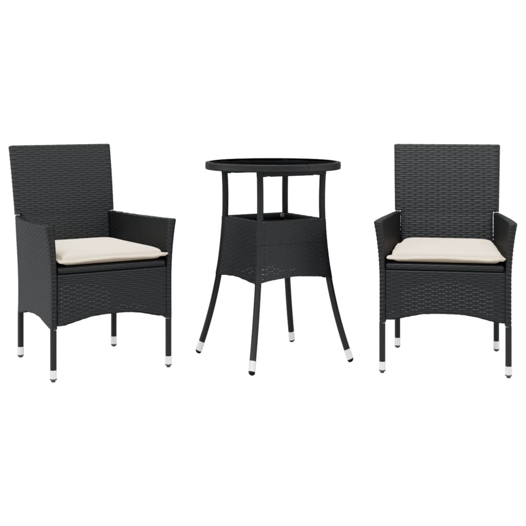 spisebordssæt til haven 3dele m. hynder polyrattan og glas sort