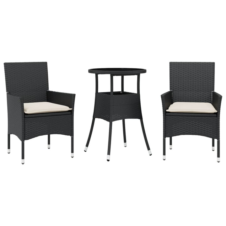spisebordssæt til haven 3dele m. hynder polyrattan og glas sort