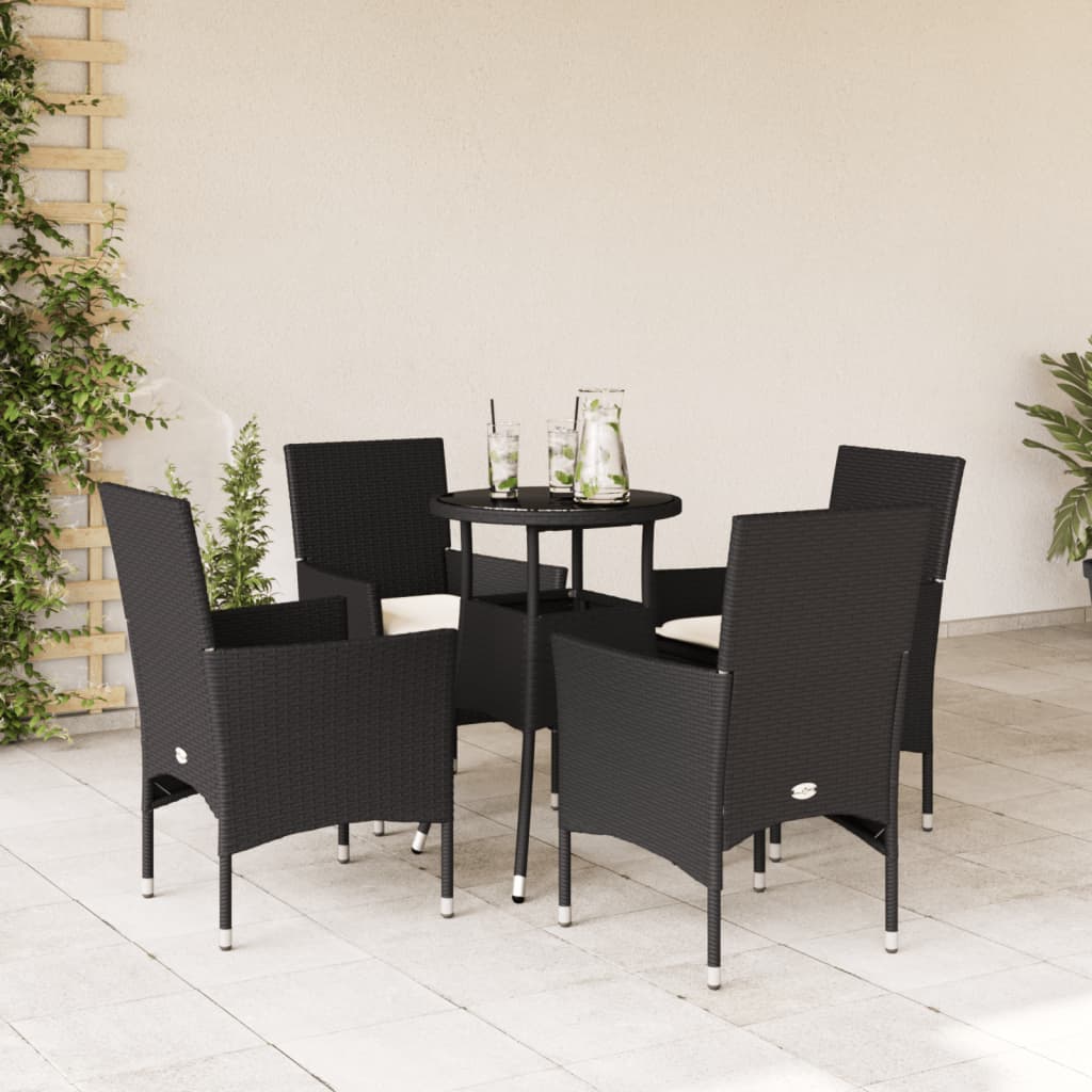 spisebordssæt til haven 5dele m. hynder polyrattan og glas sort