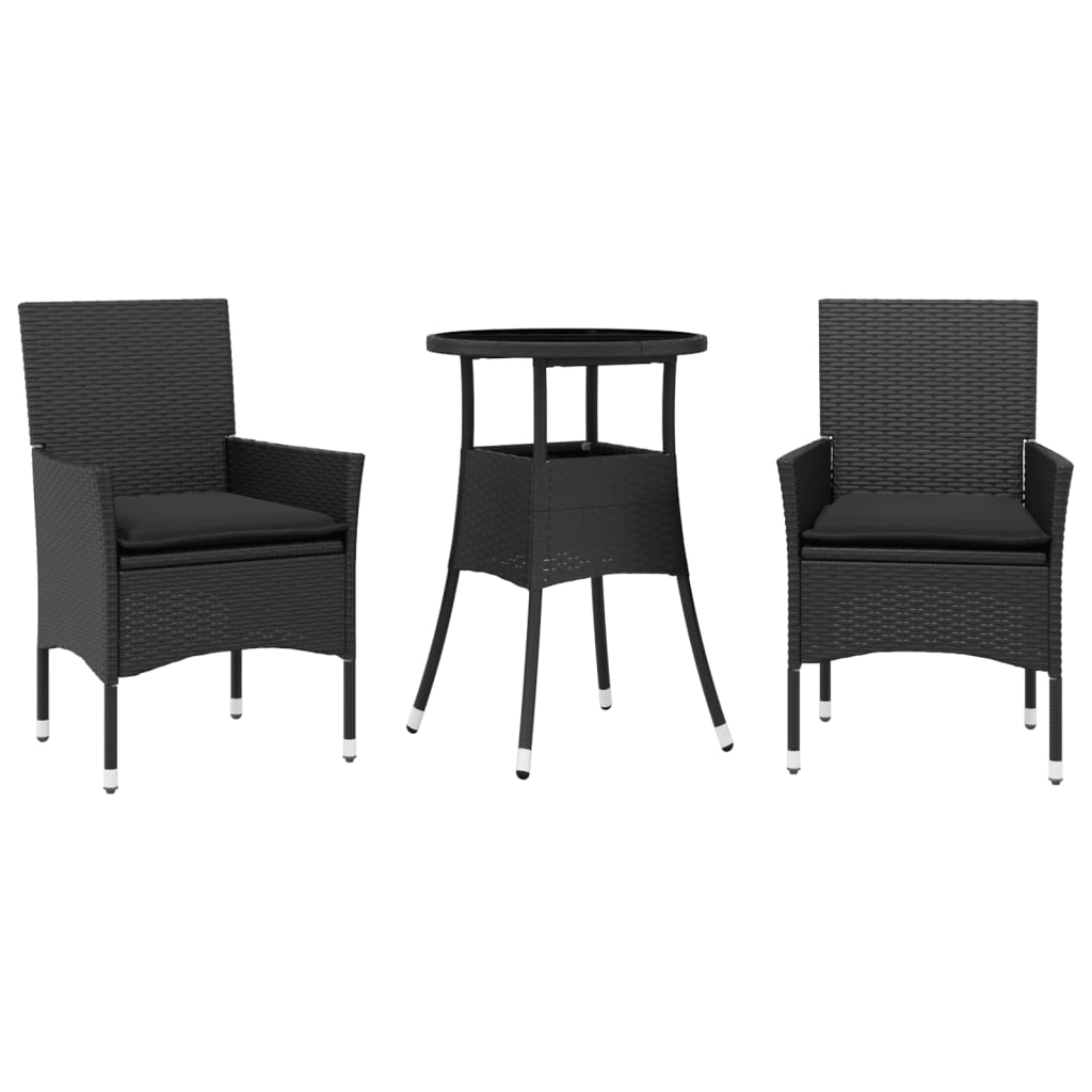 spisebordssæt til haven 3dele m. hynder polyrattan og glas sort