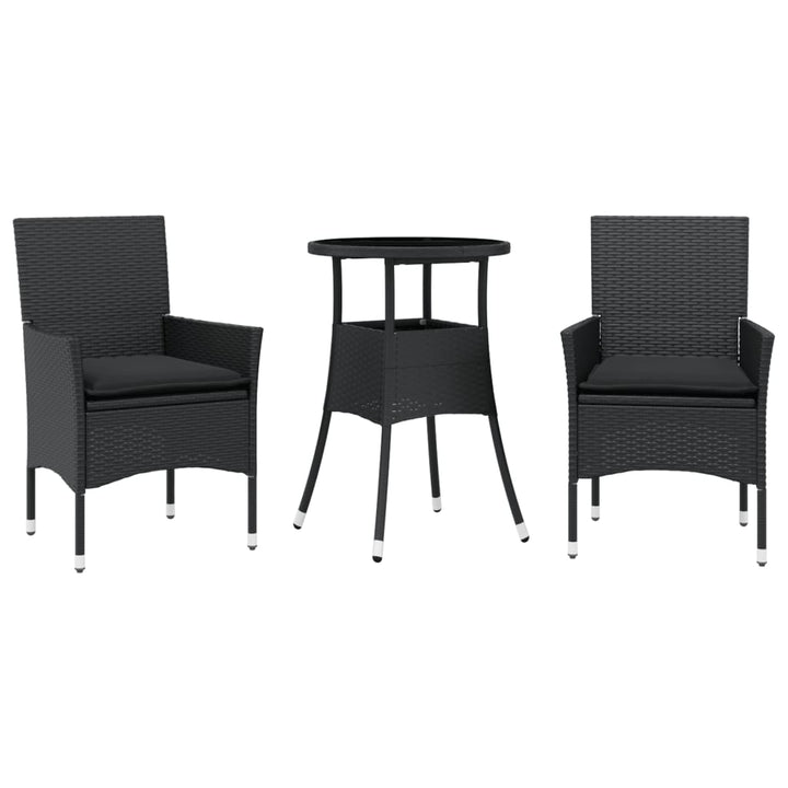 spisebordssæt til haven 3dele m. hynder polyrattan og glas sort