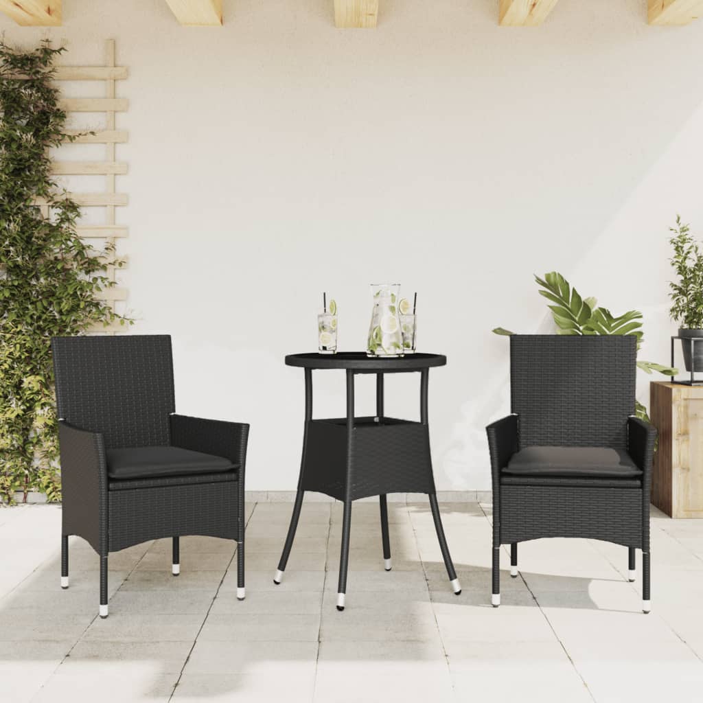 spisebordssæt til haven 3dele m. hynder polyrattan og glas sort