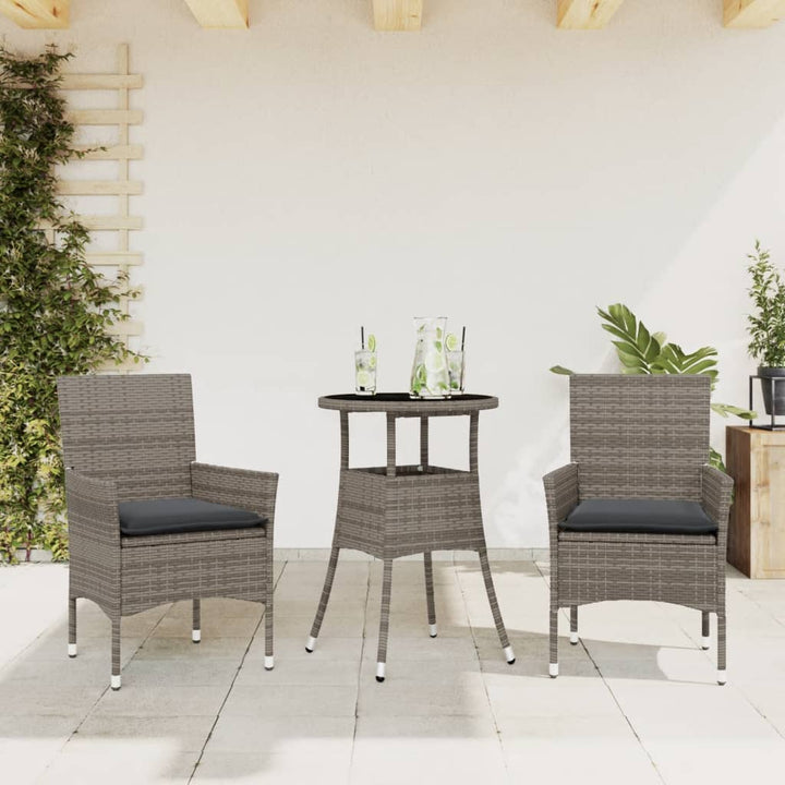 spisebordssæt til haven 3dele med hynder polyrattan og glas grå