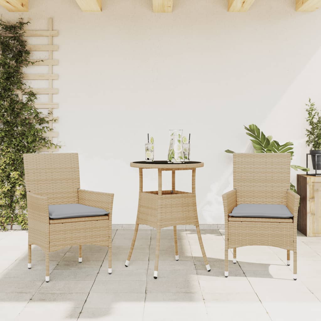 spisebordssæt til haven 3 dele med hynder polyrattan og glas