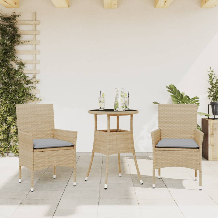 spisebordssæt til haven 3 dele med hynder polyrattan og glas