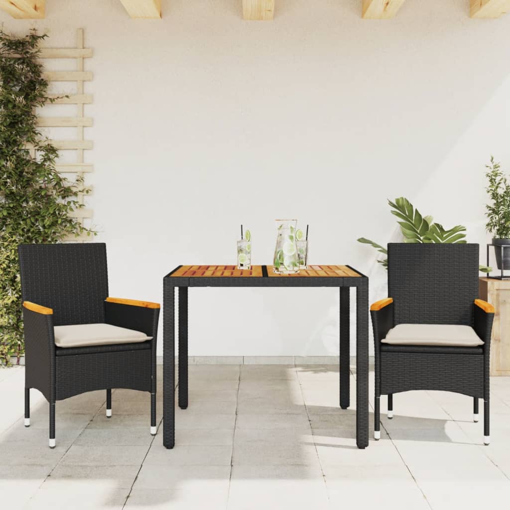 spisebordssæt til haven 3dele m. hynder polyrattan og glas sort