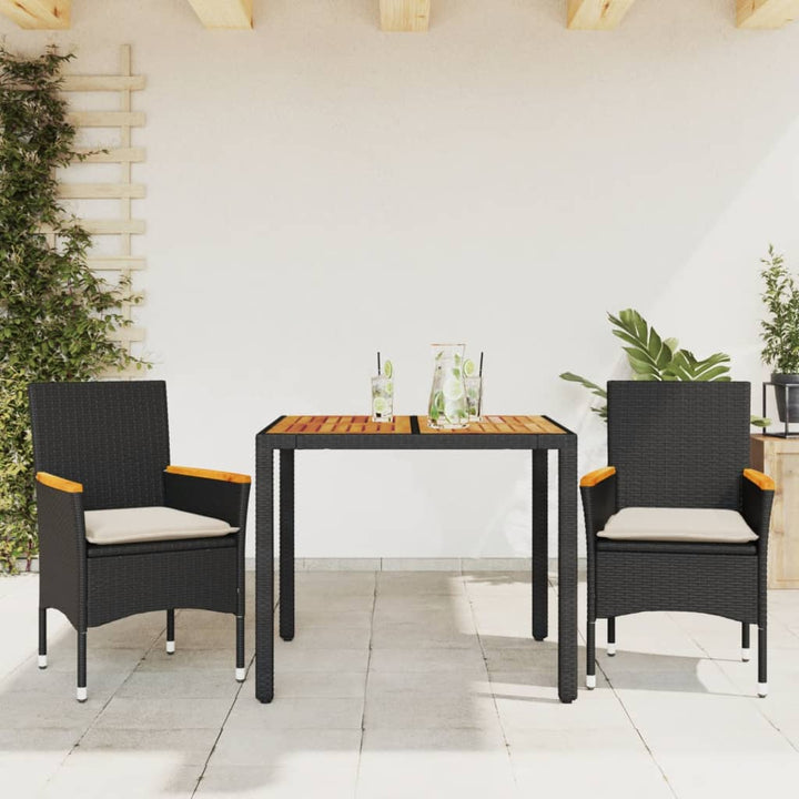 spisebordssæt til haven 3dele m. hynder polyrattan og glas sort