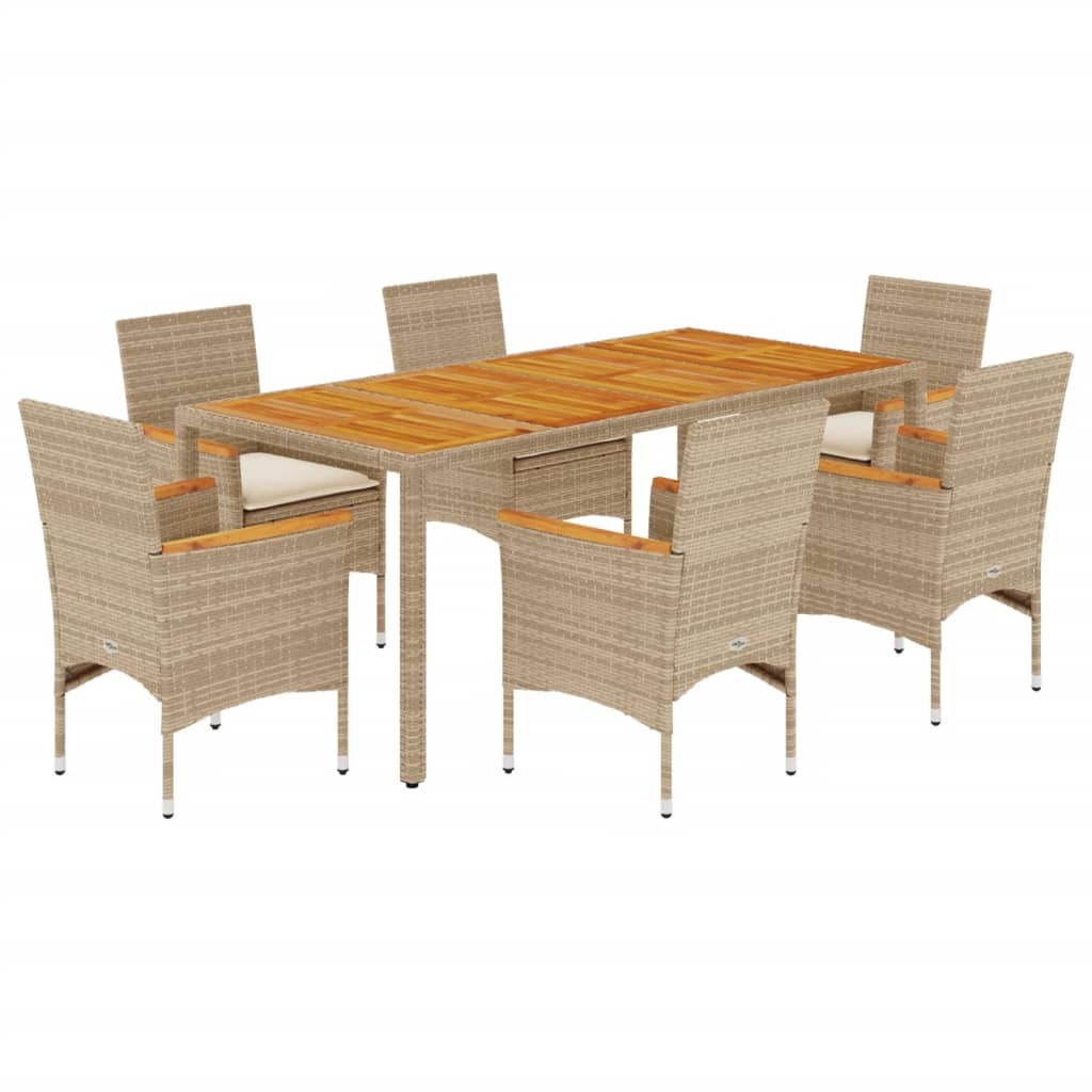 spisebordssæt til haven 7dele m. hynder polyrattan akacie beige